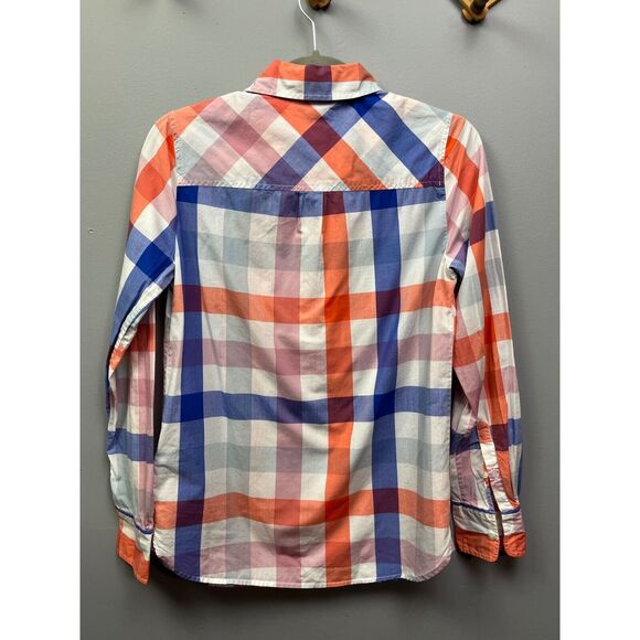 J Crew Blouse Womens size 00 Plaid popover long sleeve Orange/Blue Top - Picture 3 of 7